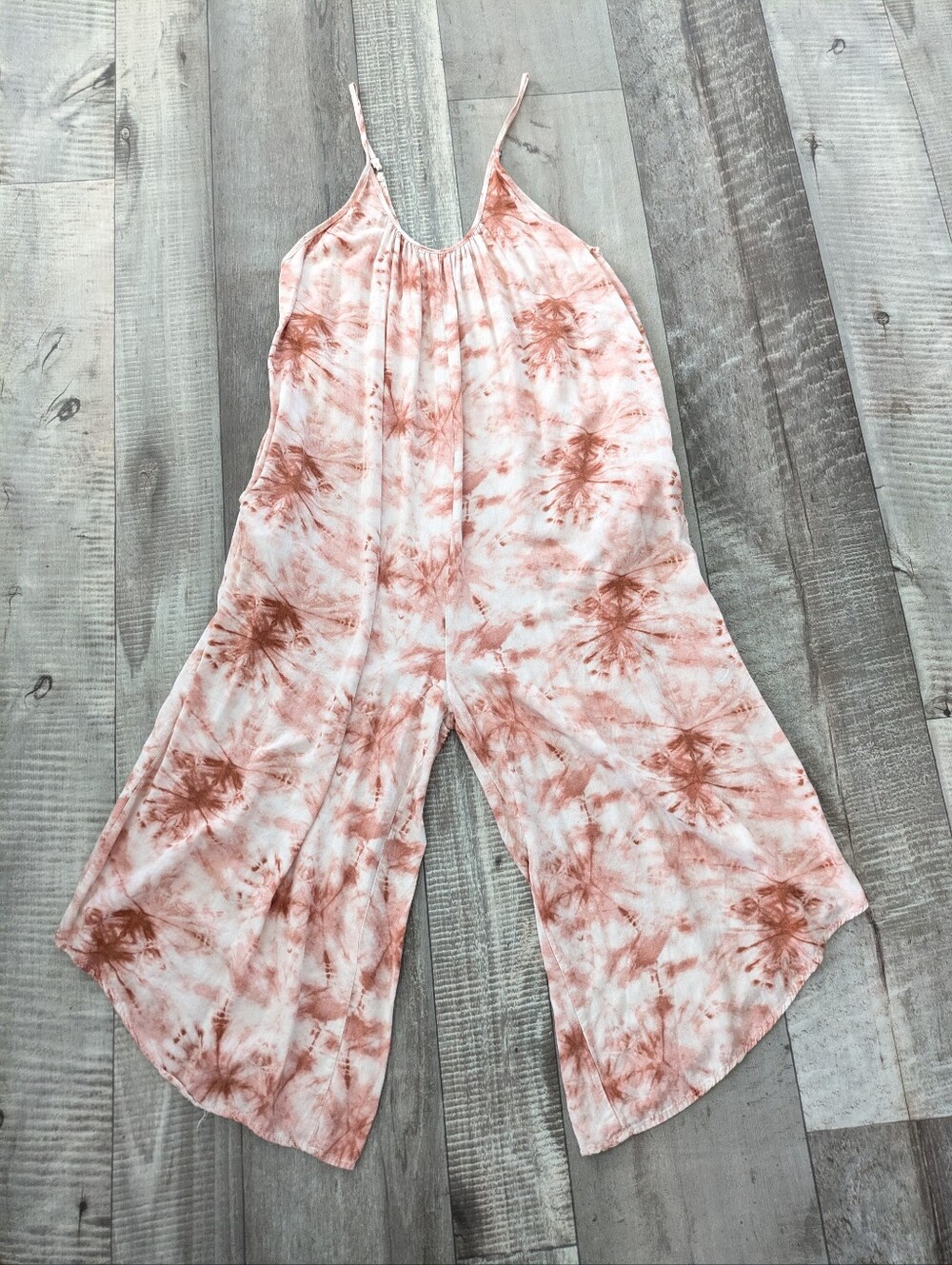 Womens Shinestar Coral Peach Tie Dye Crop Wide Leg Jumpsuit Romper Tank Small